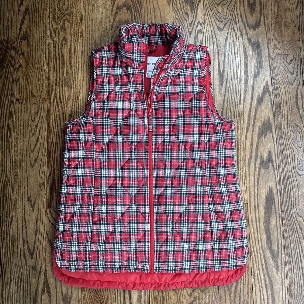Lands' End Plaid Puffer Vest Womens Medium Tall 10-12 Red Black Quilted Zip